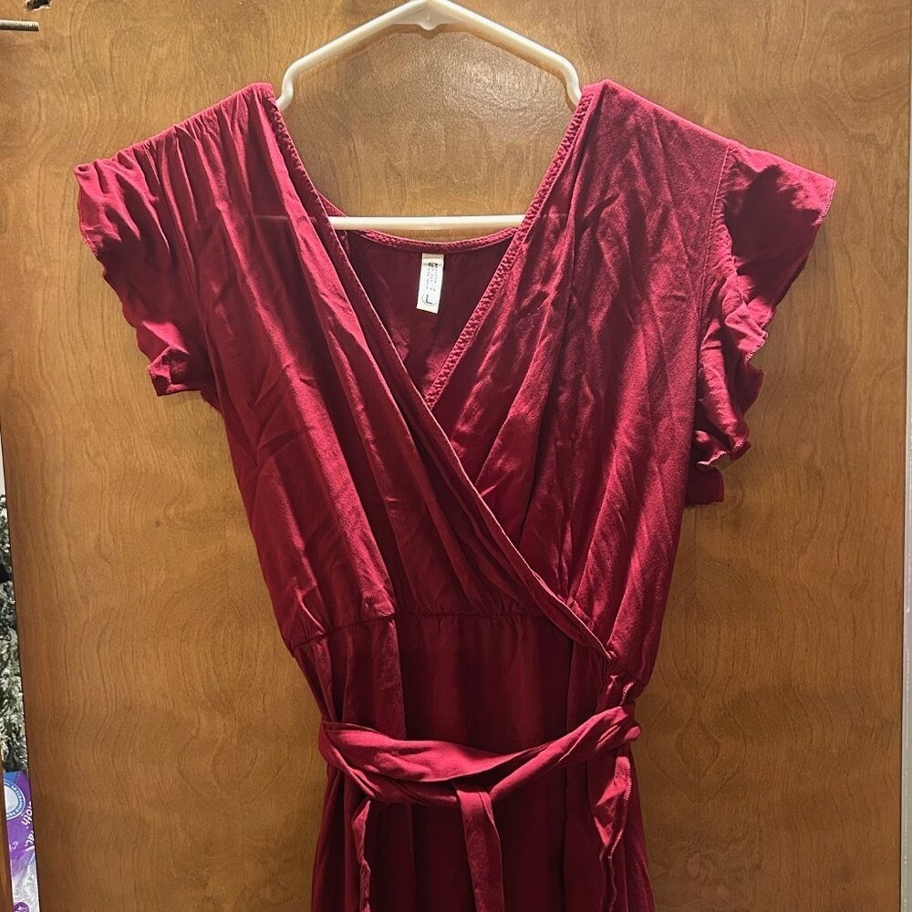 Grecerelle Size L Large Red V-Neck Hi Low Maxi Dress Short Sleeve T29-6